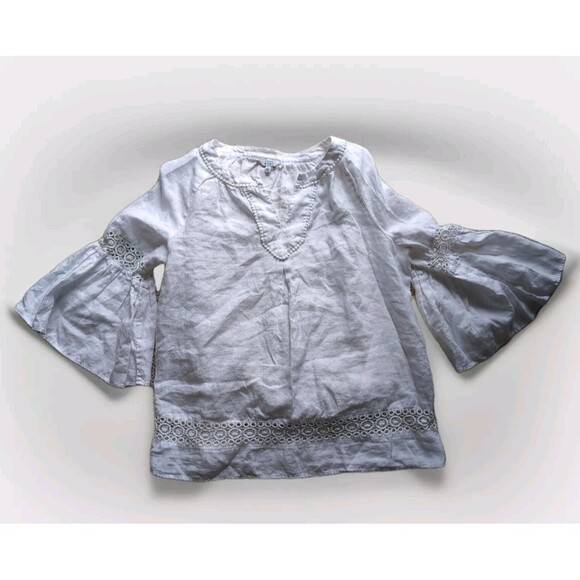 Crown & Ivy Women's M White Linen Blend Quarter Sleeve Bell Sleeve Summer Blouse - Picture 1 of 16